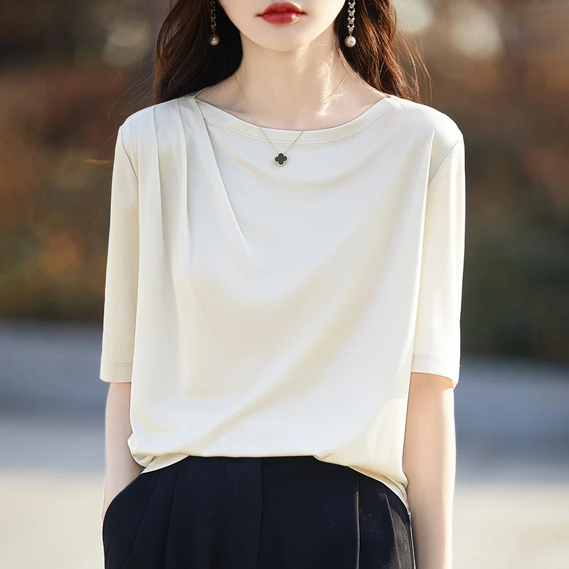 高级感醋酸垂感缎面短袖t恤女一字领褶皱T恤五分袖凉感针织衫上衣
