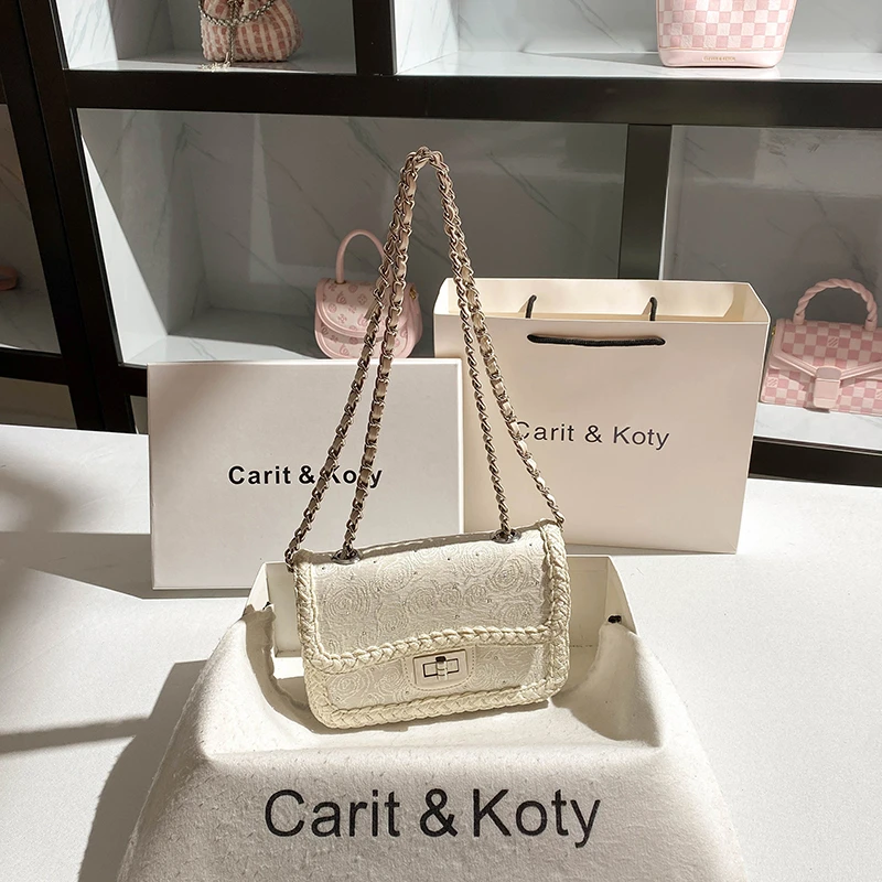 Carit Koty小香风刺绣小方包包女士2025新款高级感链条腋下包斜挎