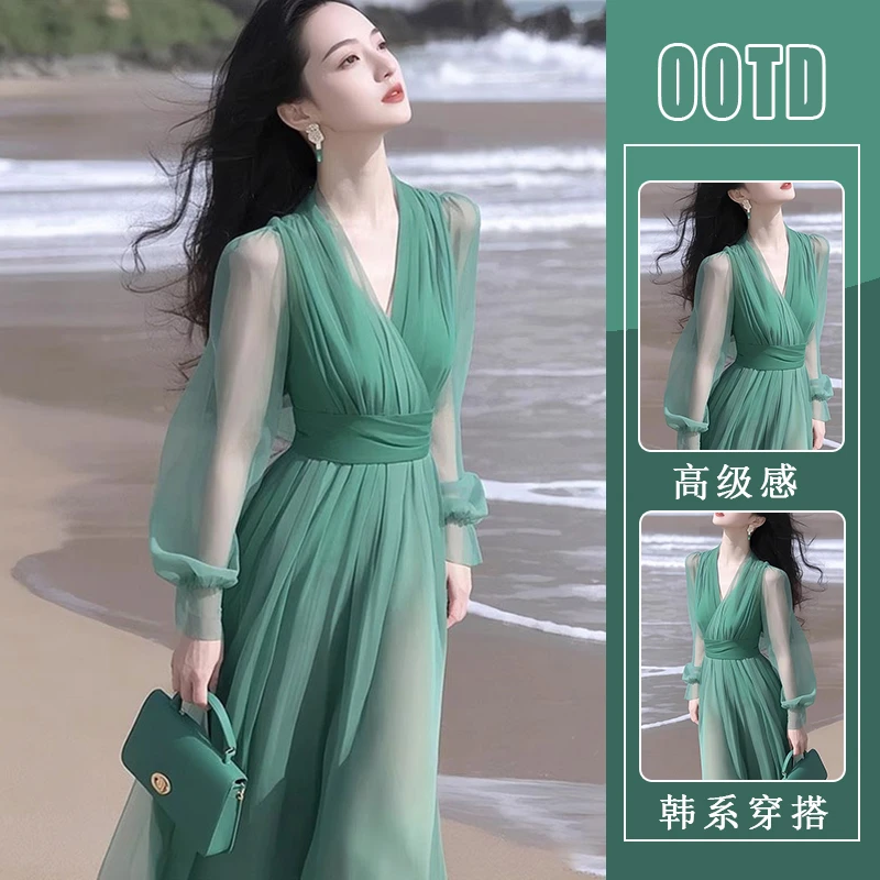 时髦精气质穿搭高端精致收腰裙轻奢高级感御姐风情万种绿色连衣裙