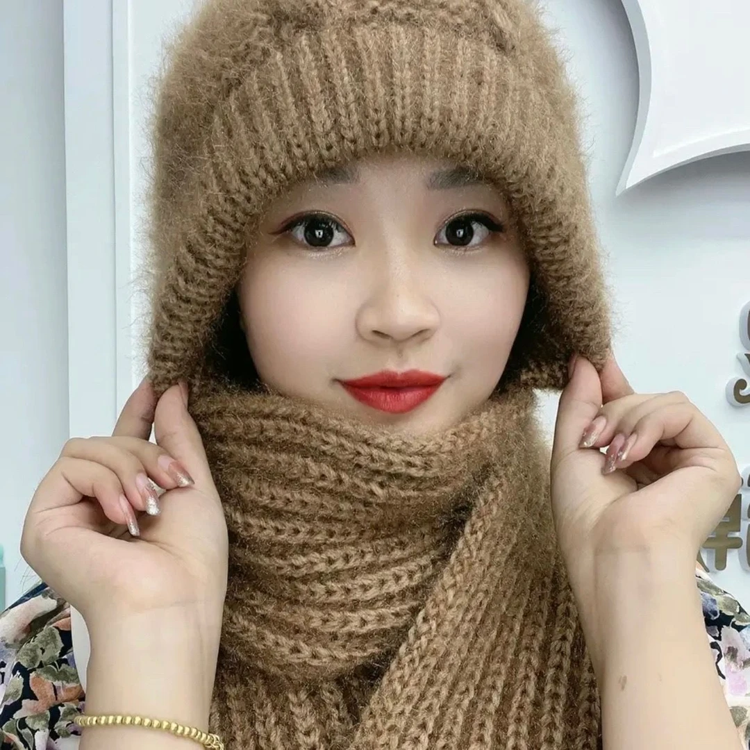 帽子围巾一体加厚保暖帽秋冬新款松鼠绒毛线编织女保暖网红帽M
