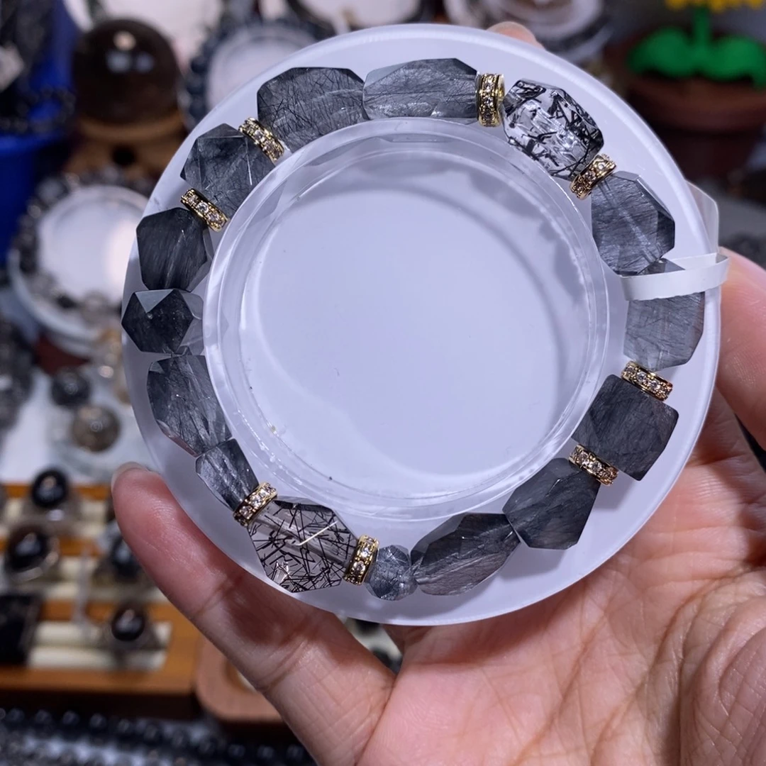 水晶手链未镶嵌蓝灰兔毛设计款黑发晶全透体10mm