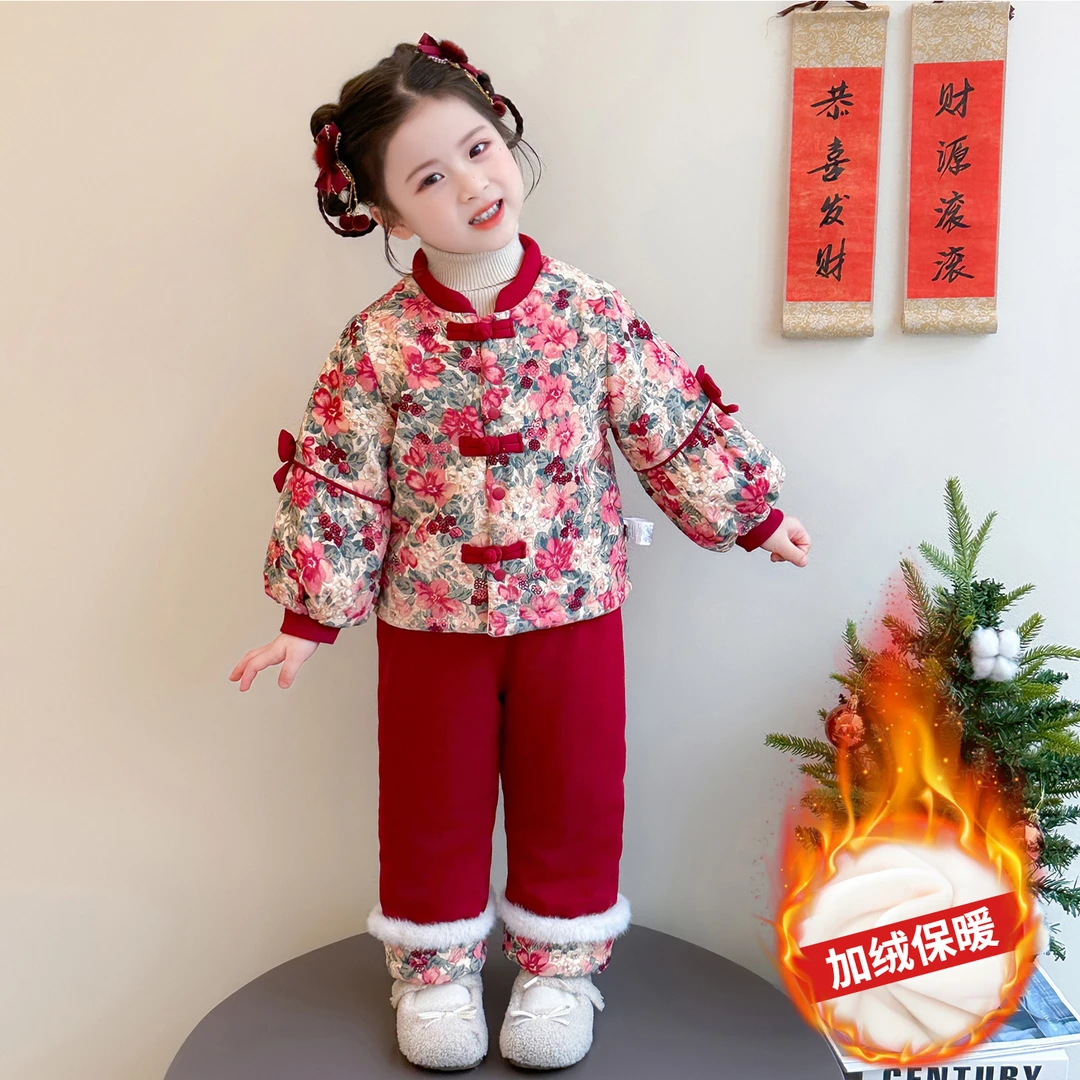 女童加绒中国风唐装套装冬季儿童加厚新中式汉服女宝宝喜庆拜年服