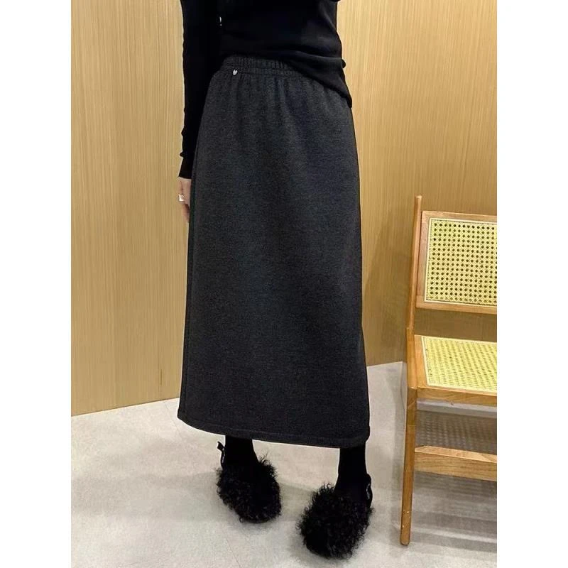 25190#松紧高腰醋酸毛呢a字中长款半身裙女秋冬季新款外穿一步裙