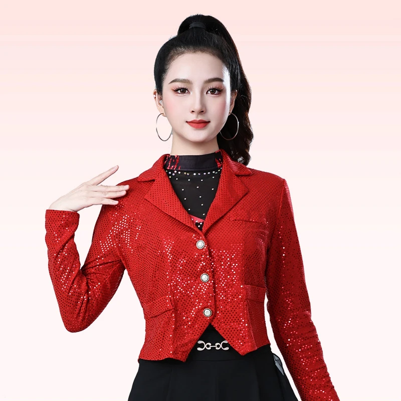 亮片短款外套水兵舞服装女秋冬新款长袖交谊舞舞蹈服广场舞上衣