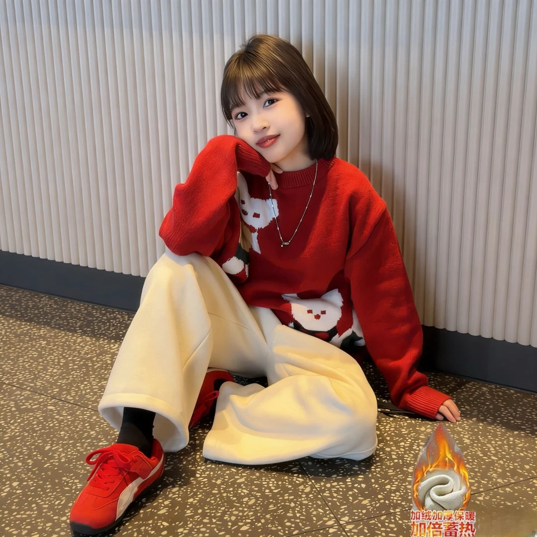 女童秋冬新款潮休闲卡通小熊毛衣儿童中大童洋气加绒休闲裤两件套