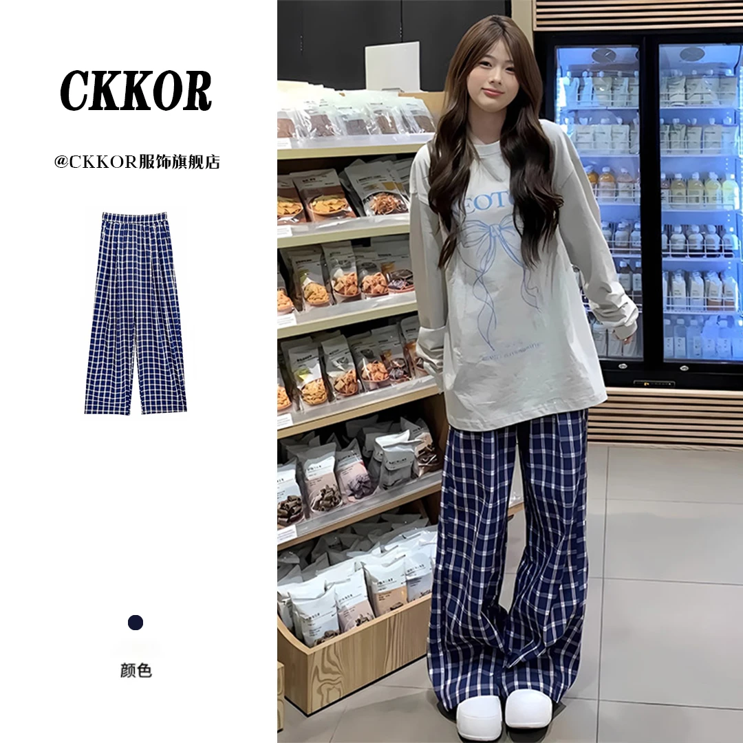 CKKOR夏季薄款松紧阔腿裤女新款爆款宽松垂感慵懒休闲复古格子裤