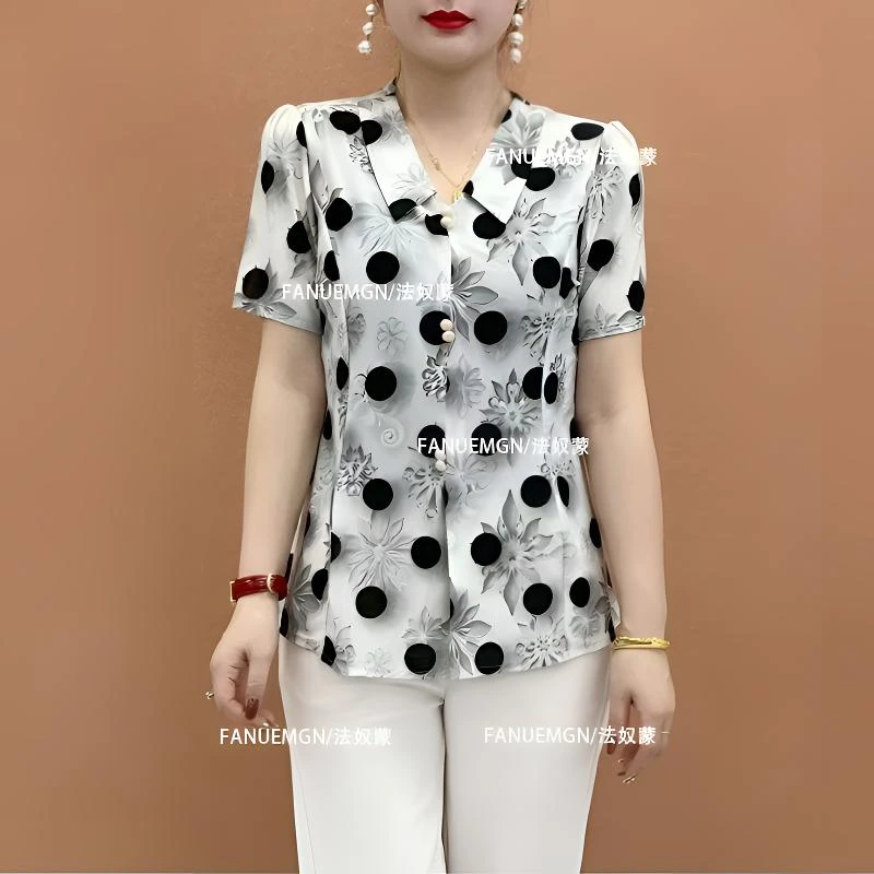 中老年女装洋气时尚短袖小衫气质减龄显瘦妈妈装夏季新款国风修身