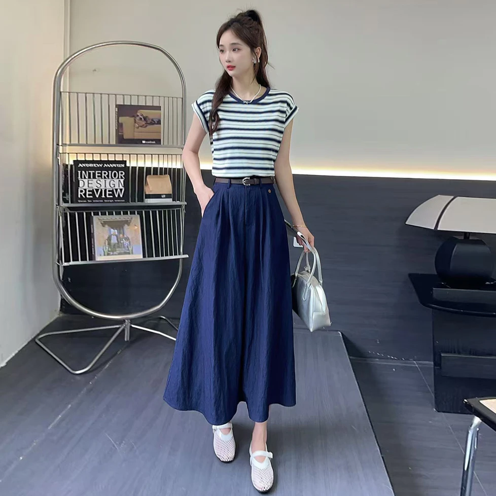 2025夏季新款时尚气质韩版百搭条纹上衣洋气高腰半身裙两件套女潮