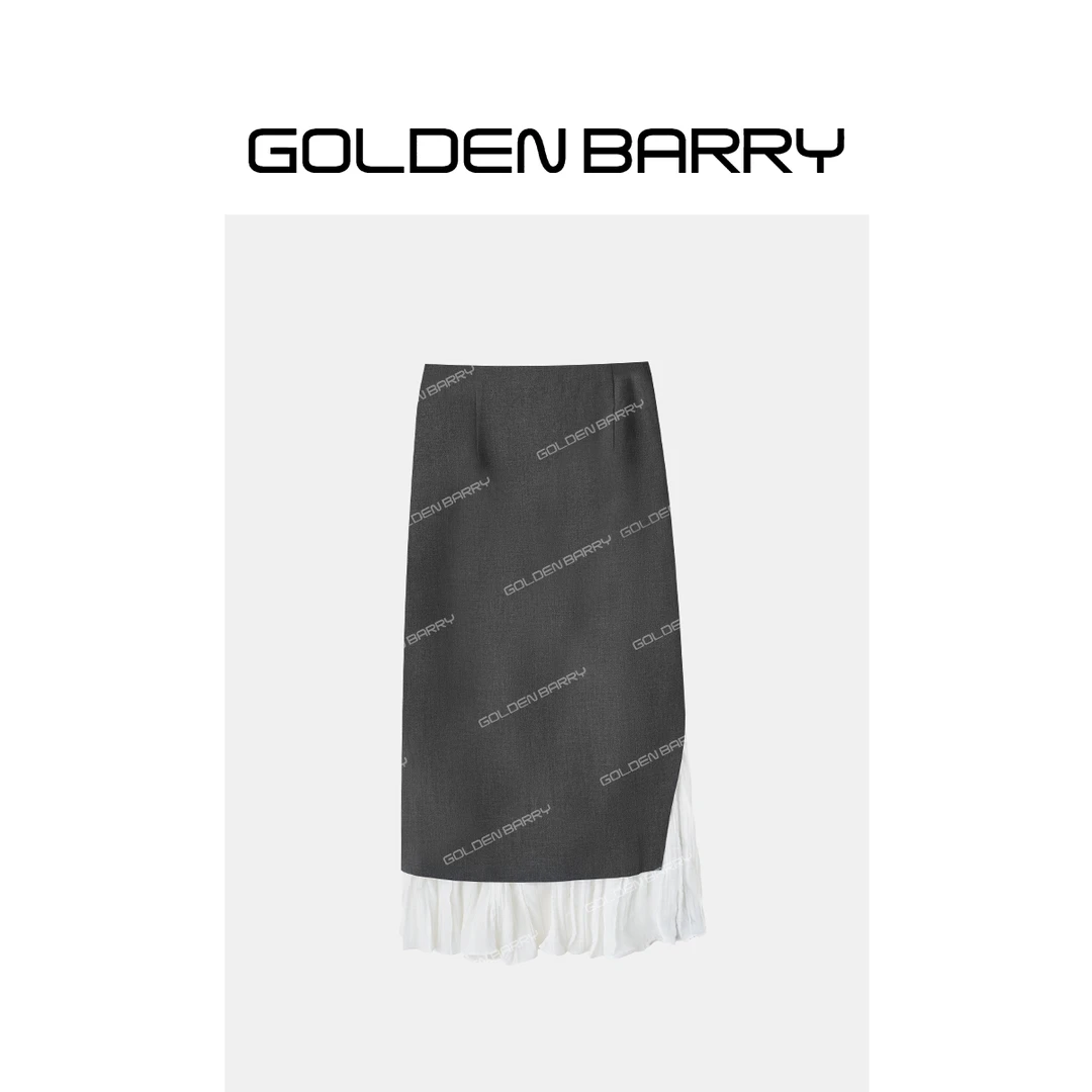 GOLDENBARRY|310129“仙气优雅”侧开衩褶皱拼接设计半身裙