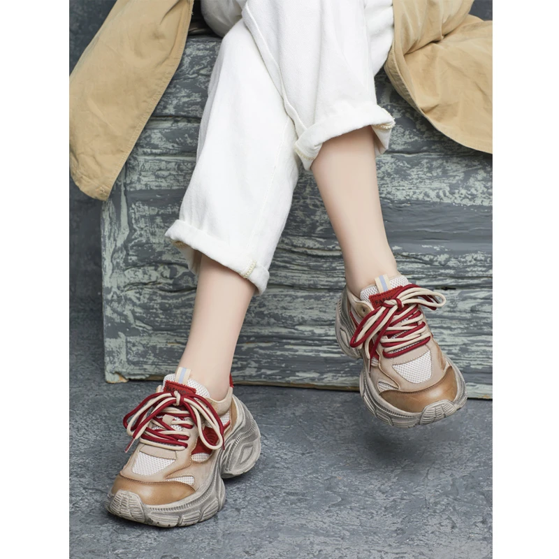 2025春季新款真皮圆头英伦风系带撞色时尚厚底坡跟休闲轻便老爹鞋