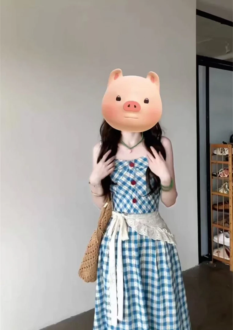 小个子学院风蓝色格纹吊带连衣裙子女夏半身裙两件套