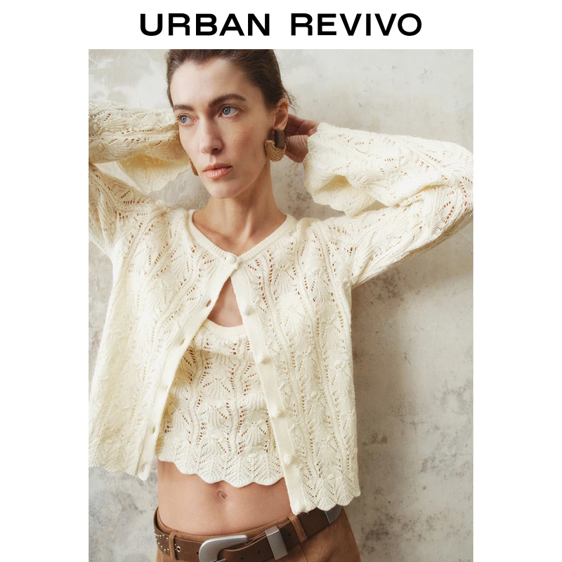 UR2025春季新款女装波嬉风肌理感镂空圆领针织衫UWH950018