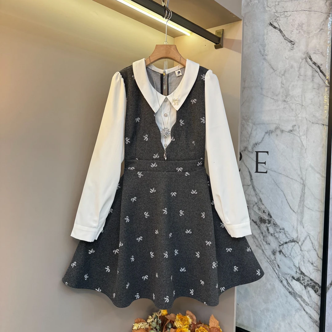 2025新款气质小香风洋气轻奢蝴蝶结假两件设计感大码连衣裙61303