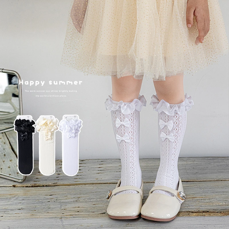 女童夏天袜子夏季薄款花边长筒袜公主洛丽塔白色网眼蝴蝶结小腿袜