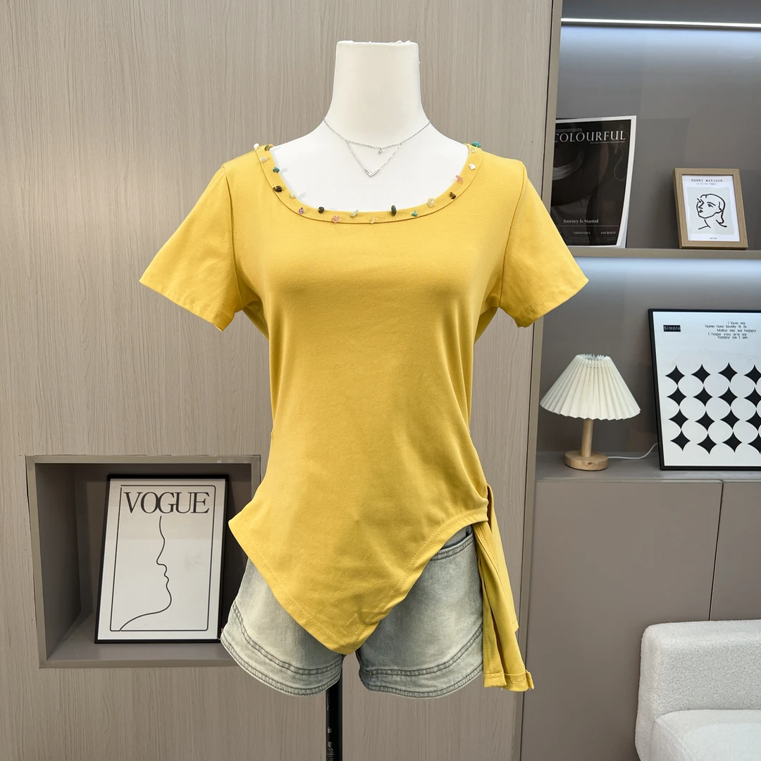 大码女装设计感绑带正肩短袖t恤2025夏季薄款胖mm收腰巨显瘦上衣