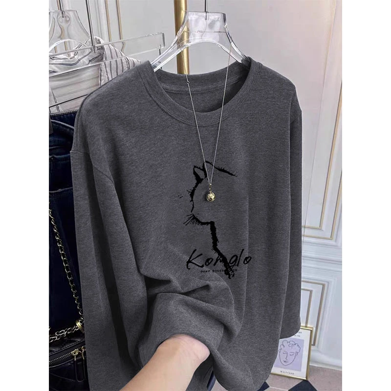 设计感小众正肩磨毛圆领长袖t恤女加厚款灰色内搭打底衫春秋冬季