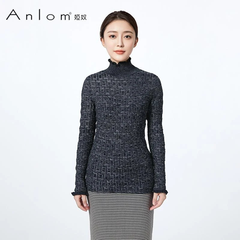 Anlom/娅奴老花高领针织衫套头简约修身休闲上衣长袖2001028