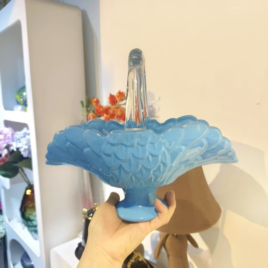 惊喜家1只高档轻奢水晶玻璃蓝色天鹅果篮家用餐厅摆件好看