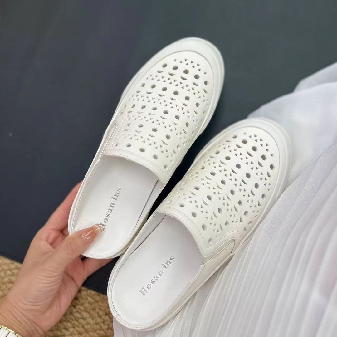 HOSAN新款时尚厚底半拖休闲包头拖内增高透气百搭洞洞鞋镂空凉鞋