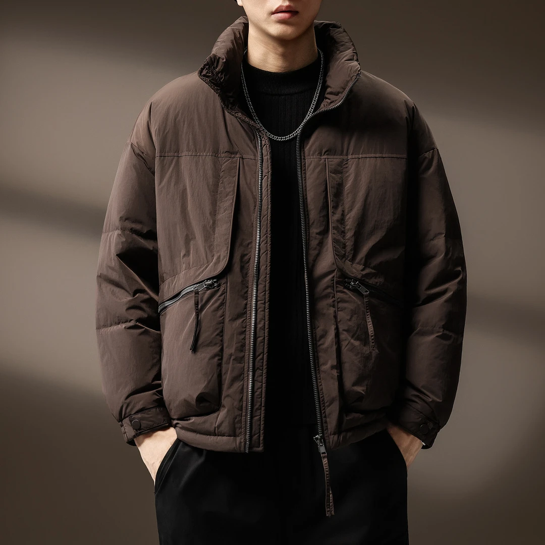 高端90绒立领羽绒服男士美式潮牌时尚流行拉链工装口袋休闲外套男