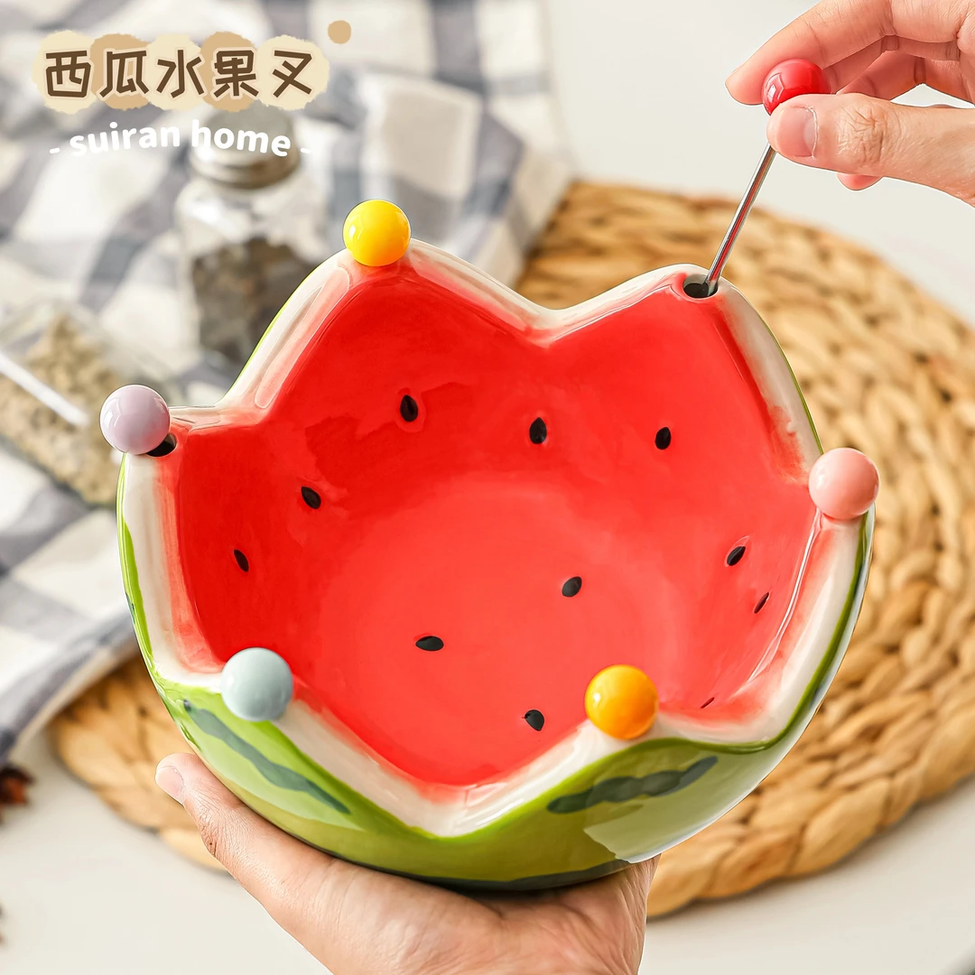 高颜值水果叉陶瓷家用客厅茶几水果碗盘可爱西瓜水果创意盘子果签