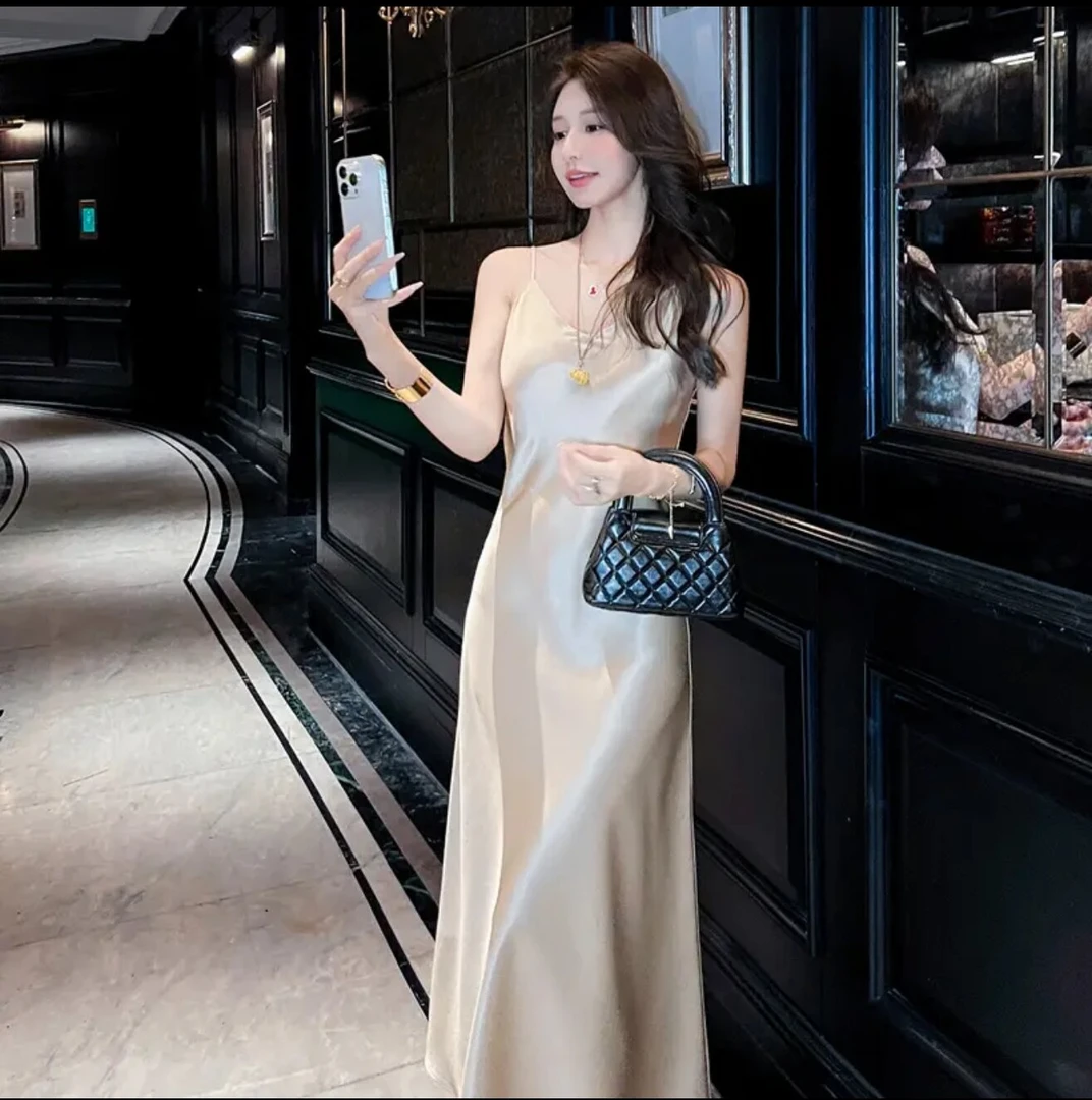 【送飘带】鎏金缎面吊带连衣裙气质新款纯色百搭修身显瘦