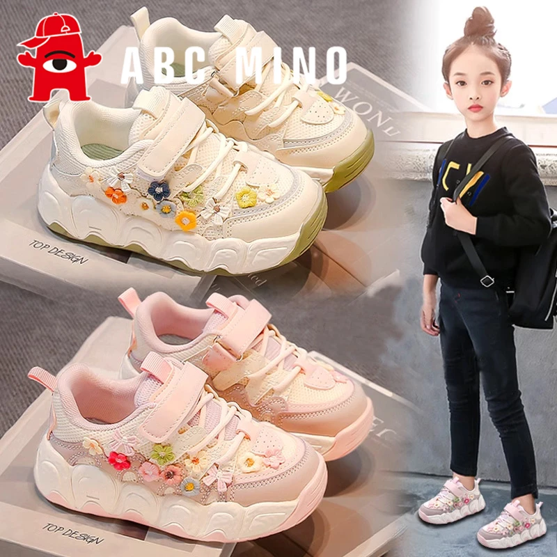 ABC MINO女童鞋夏季儿童公主运动鞋女孩花朵网面软底板鞋大童休闲
