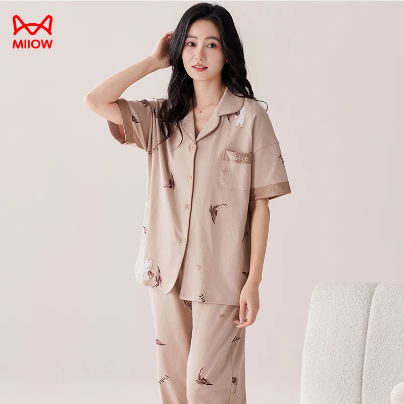 MiiOW/猫人2025年夏款女士大码可外穿纯棉短袖睡衣长裤休闲家居服