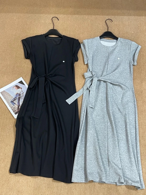 KW【懒人必备】欧货设计师款女装时尚收腰显瘦系带长款T恤裙连衣裙