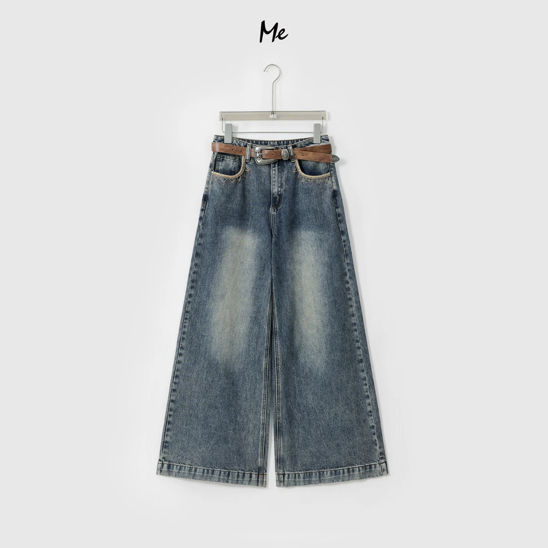 ME【中古罗马蓝牛 （含腰带）】100棉高腰显瘦复古水洗牛仔裤MESA0586