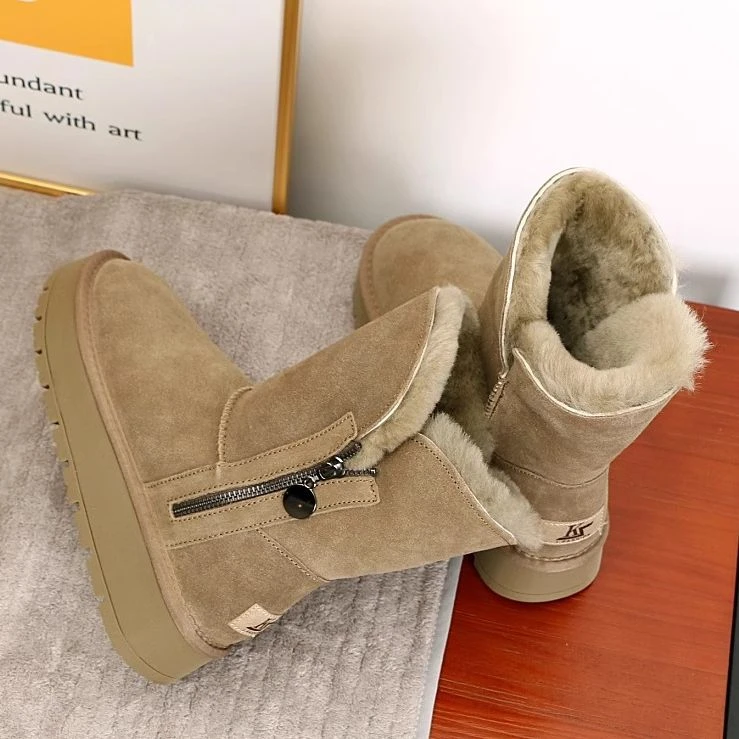 2025新款冬季中筒防滑厚底百搭东北雪地靴女加绒加厚拉链保暖棉鞋