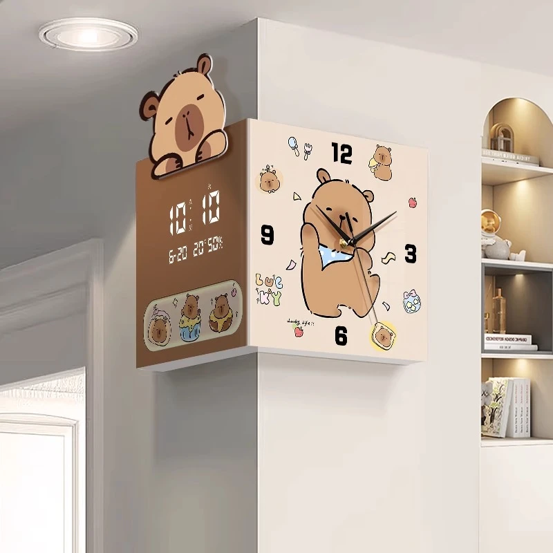 客厅转角双面挂钟免打孔客厅电子时钟2025新款万年历卡通钟表