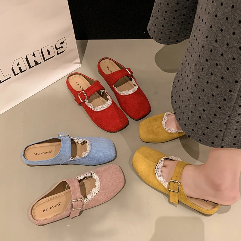 法式复古蕾丝花边仙女风玛丽珍鞋女外穿2025春季新款温柔包半拖鞋
