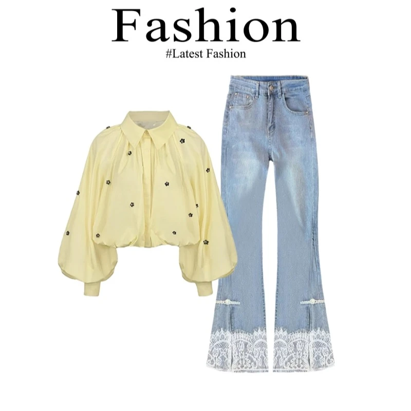 2025新款浅蓝色牛仔阔腿裤女新中式国风蕾丝拼接微喇直筒长裤套装