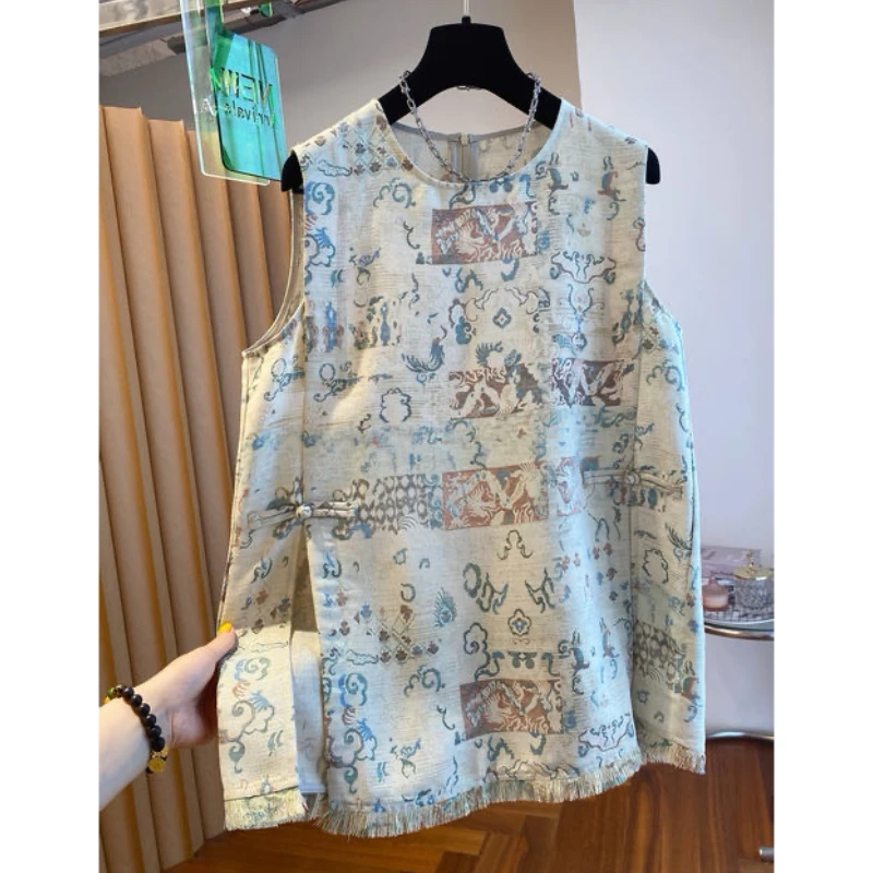 高端欧货夏季新款设计感小众复古印花盘扣宽松无袖马甲上衣女