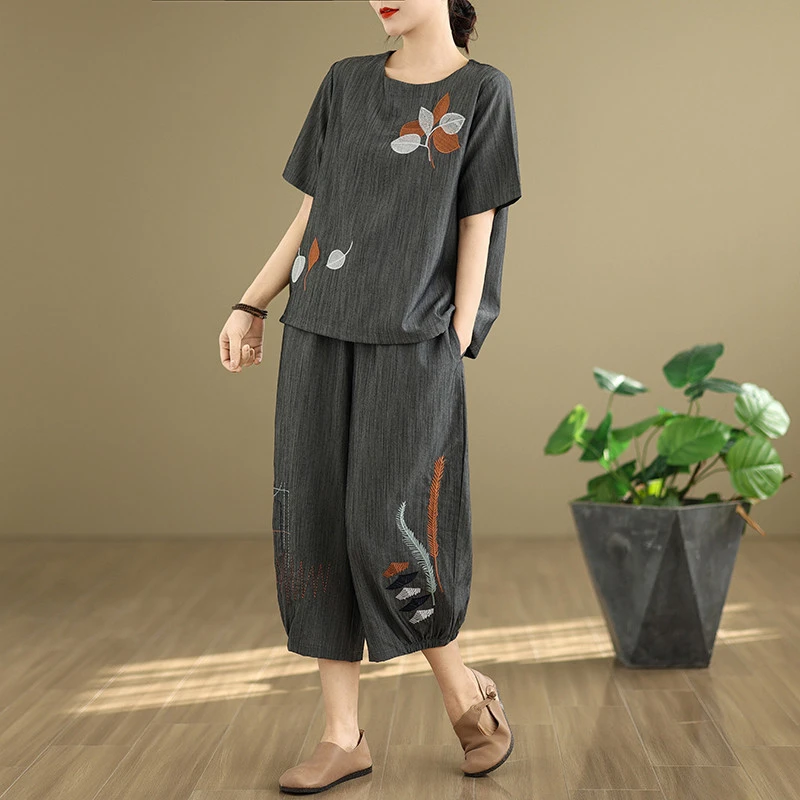 中年妈妈七分棉麻裤套装女款夏季2025新款高端洋气苎麻亚麻两件套