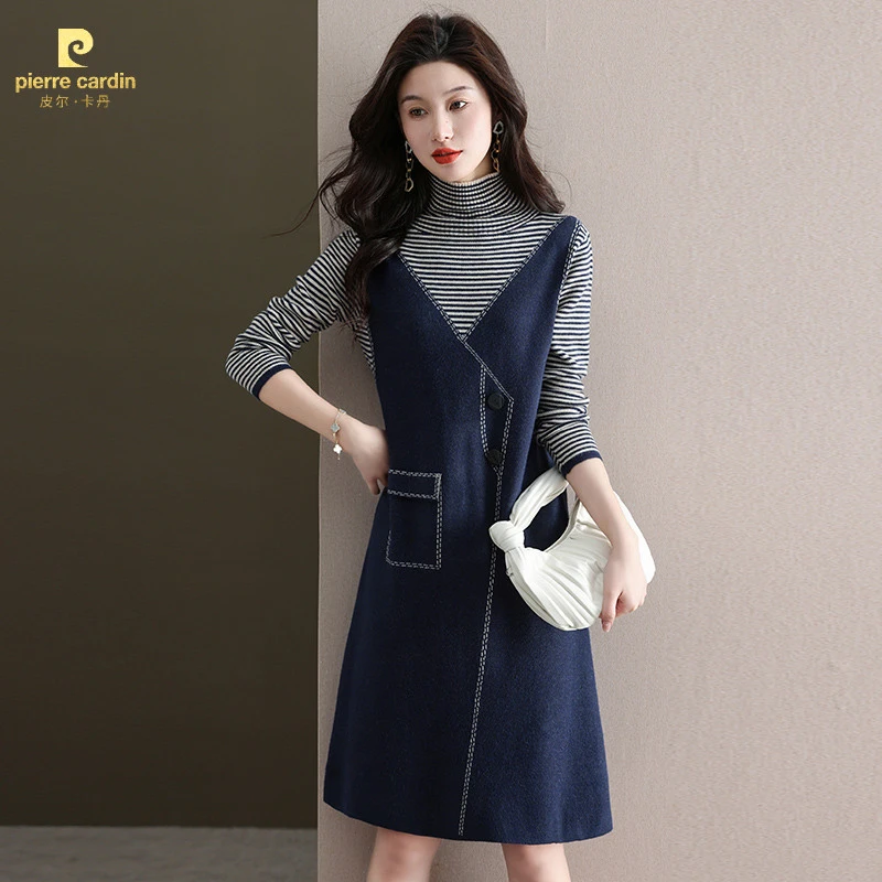 皮尔卡丹秋冬季女款韩版假两件长袖牛仔裙子洋气显瘦气质时尚中长