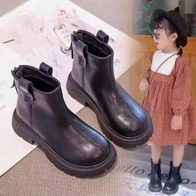 ABC 女童鞋子儿童公主马丁短靴2025秋冬新款宝宝皮靴加绒保暖棉靴