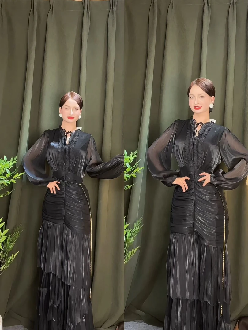 8815【包邮】女神网红拼接法式斜襟御姐风黑色秋冬连衣裙名媛提花
