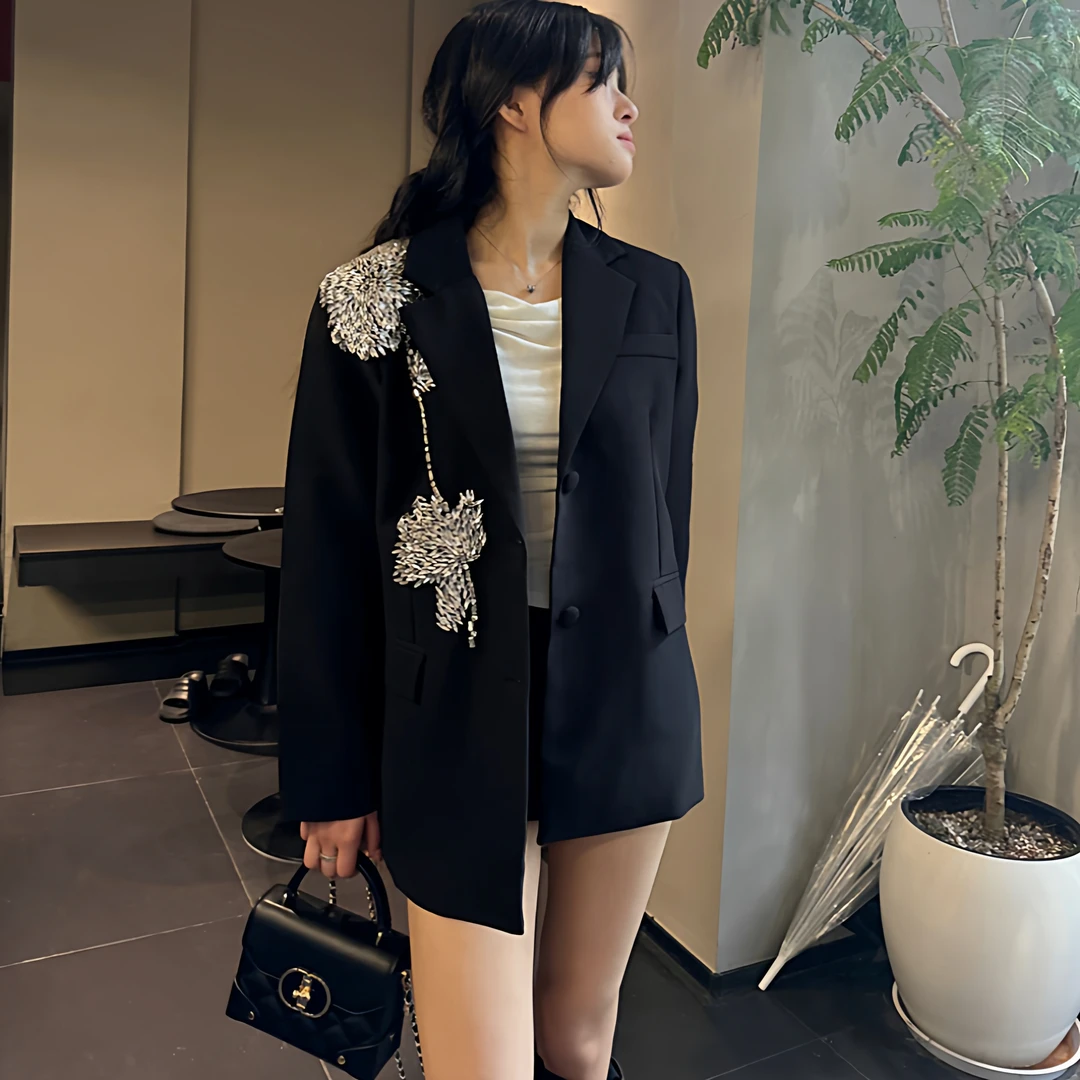 镶钻西装外套女重工2024春秋季设计感黑色闪亮宽松气质感休闲上衣