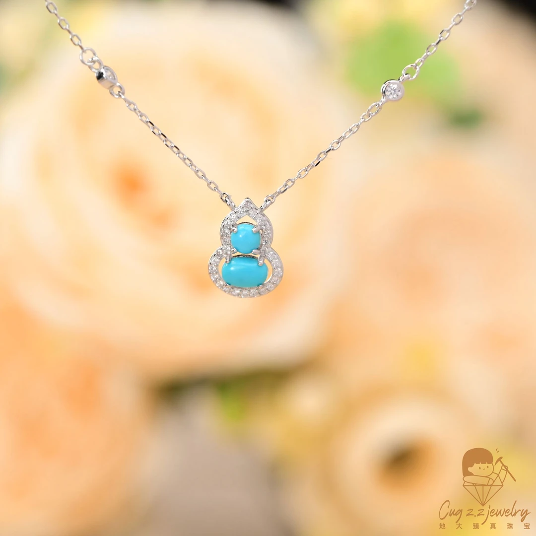 天然绿松石湖北原矿绿松高瓷蓝绿松项链葫芦925银