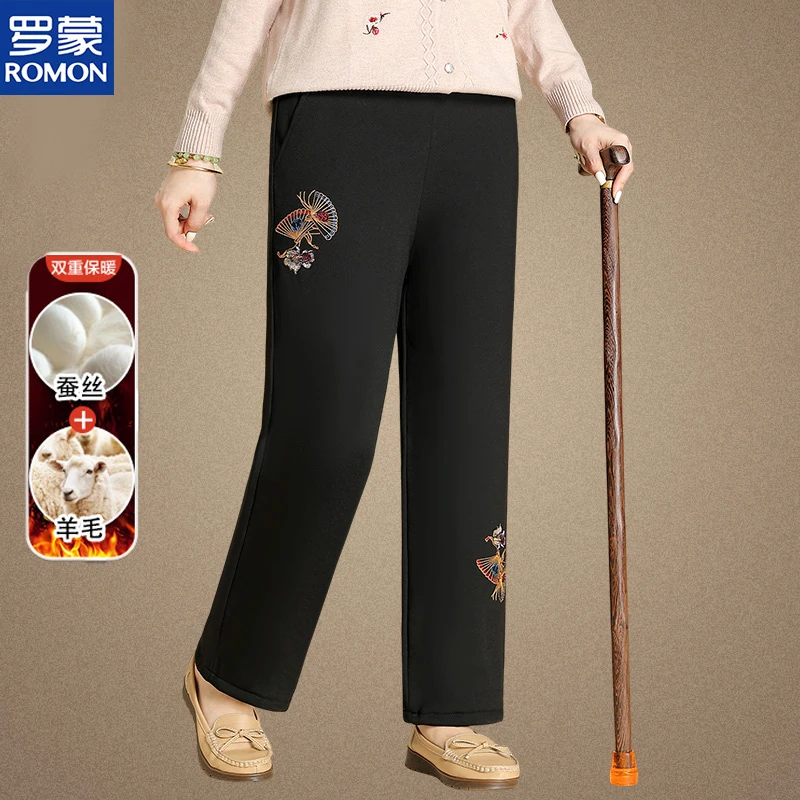 罗蒙奶奶松紧腰加厚棉裤中老年人羊毛保暖裤冬装外穿直筒长裤女