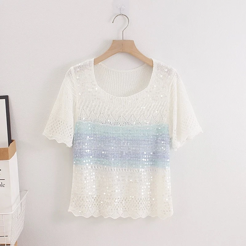 显瘦夏季上衣通勤风镂空薄款百搭时尚套装时尚洋气针织短袖