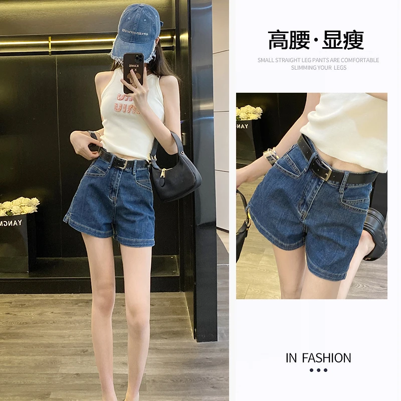 复古蓝牛仔短裤女2025夏季新款设计感开叉A字裤设计款显瘦百搭
