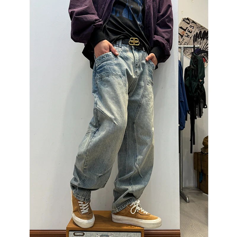 复古重磅水洗盎司立体拼接跨牛伐木牛仔裤微锥长裤秋新款男女