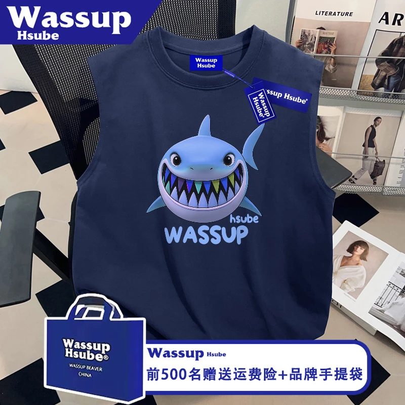 WASSUP HSUBE童趣鲨鱼印花上衣ins藏青无袖背心夏纯棉男女应季T恤