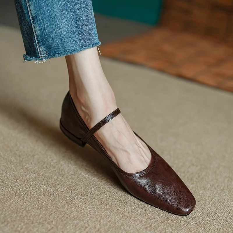 软羊皮黑色低跟鞋2025春新款法式复古通勤百搭玛丽珍单鞋女