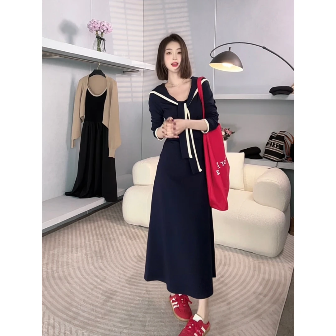 2025早春撞色海军领连衣裙女收腰显瘦长袖a字长裙