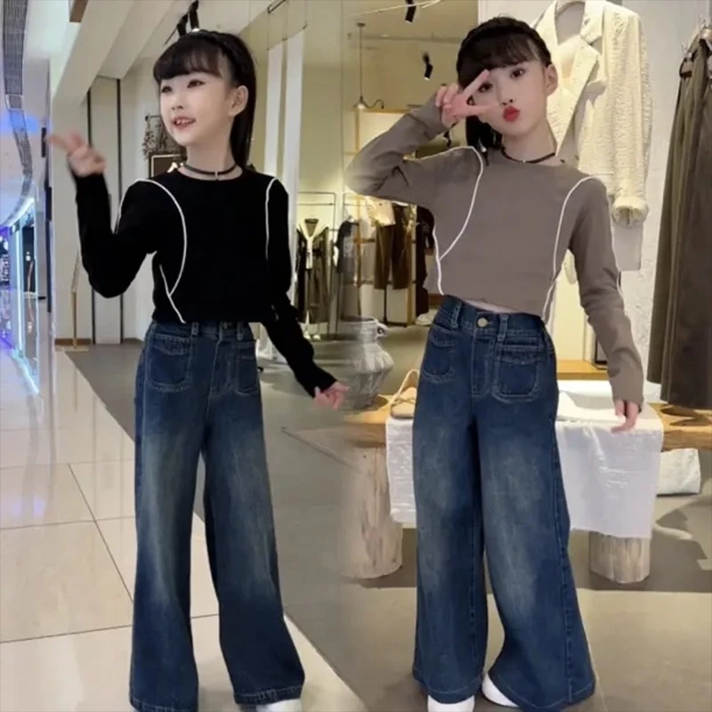 女童新款秋季织带T恤衫牛仔喇叭阔腿裤套装