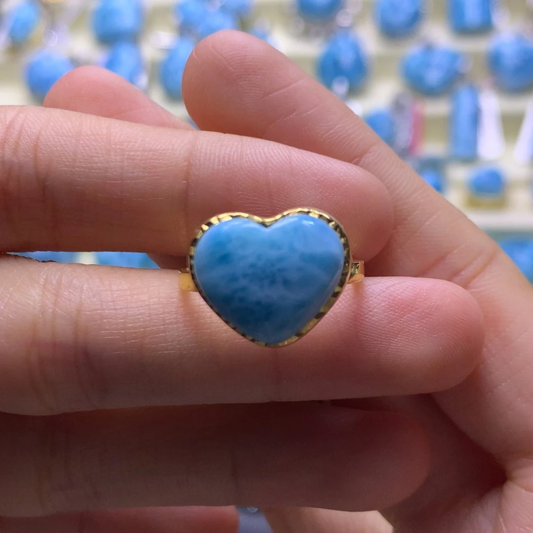 针钠钙石（海纹石）银S925镶嵌戒指爱心戒指色差略异